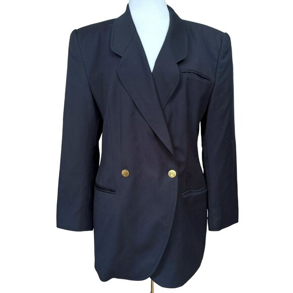 Etienne Aigner 100% Wool Dark Ink Double Breasted Blazer Jacket Fully Lined M-L - Picture 1 of 7